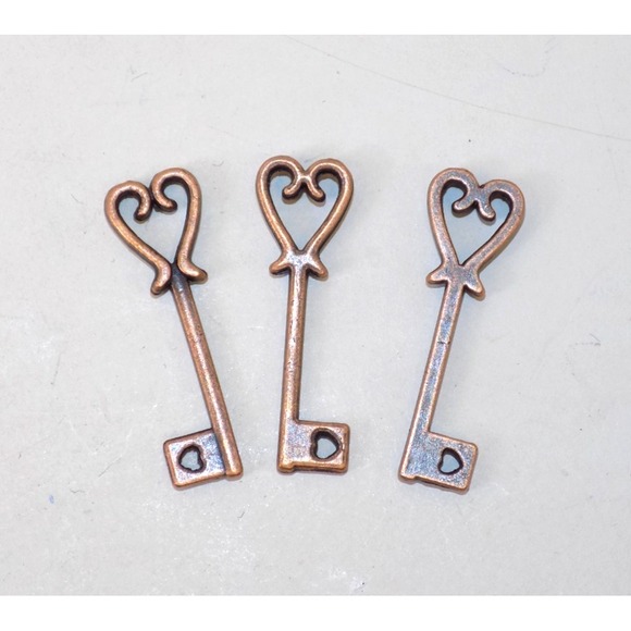 Jewelry - Set of 3 Small Heart Copper Skeleton Key Heart Charm or Pendant